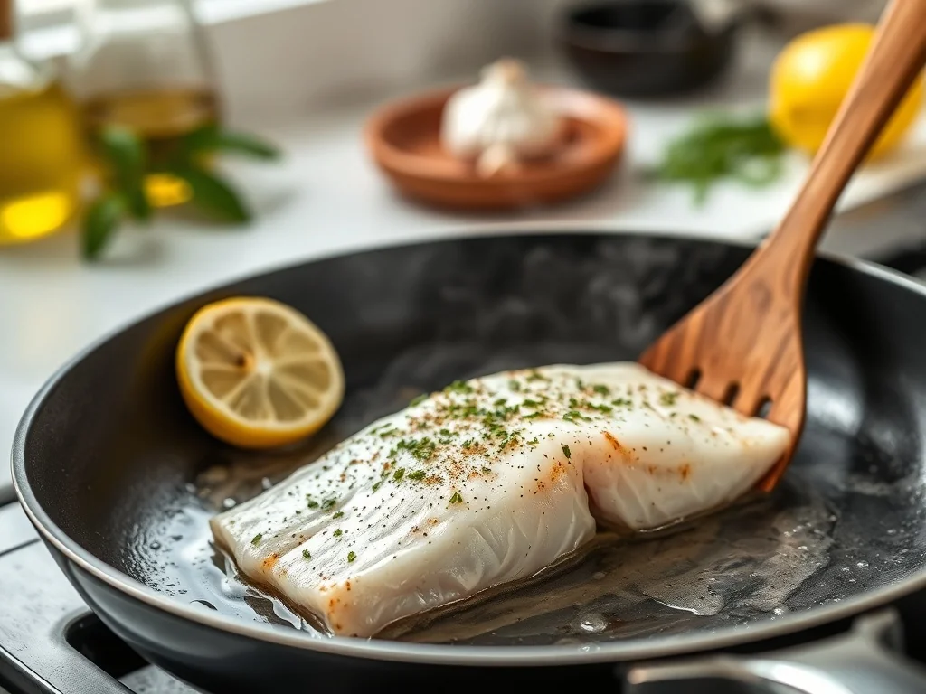 Filet ryby smażony bez panierki na patelni z ziołami i cytryną, delikatnie podsuwany łopatką, złocista skórka.